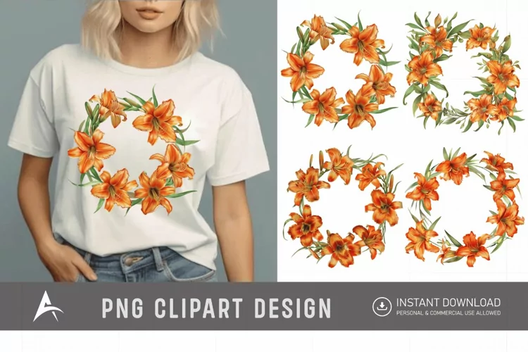 Watercolor Orange Daylily Wreaths Clipart