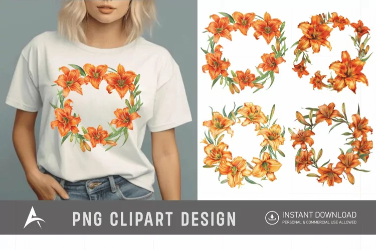 Watercolor Orange Daylily Wreaths Clipart
