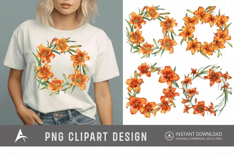 Watercolor Orange Daylily Wreaths Clipart