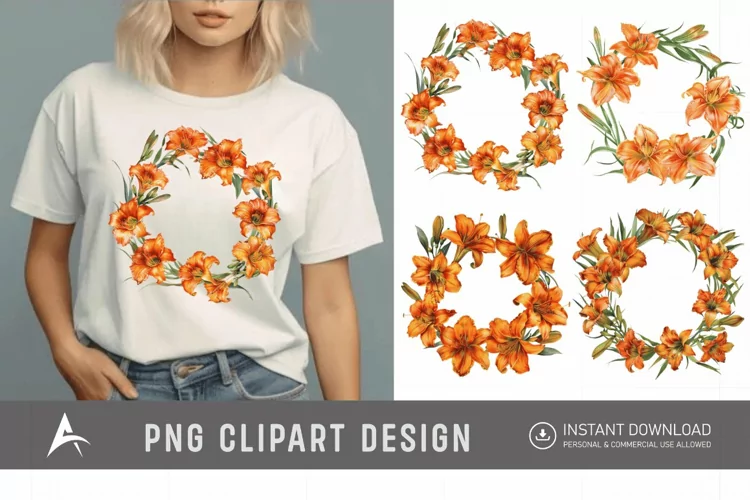 Watercolor Orange Daylily Wreaths Clipart