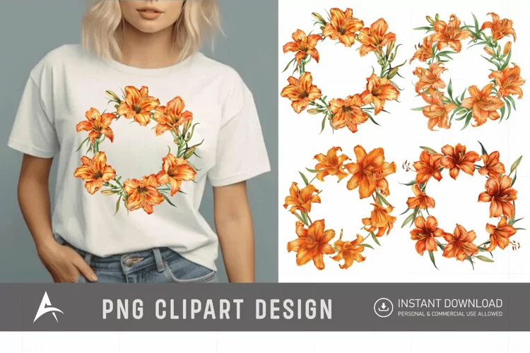 Watercolor Orange Daylily Wreaths Clipart