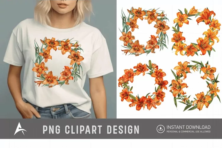 Watercolor Orange Daylily Wreaths Clipart
