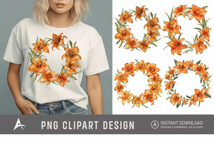 Watercolor Orange Daylily Wreaths Clipart