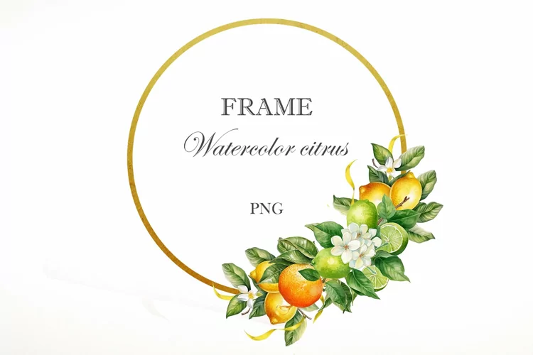 Watercolor citrus Frame. Gold Frame.