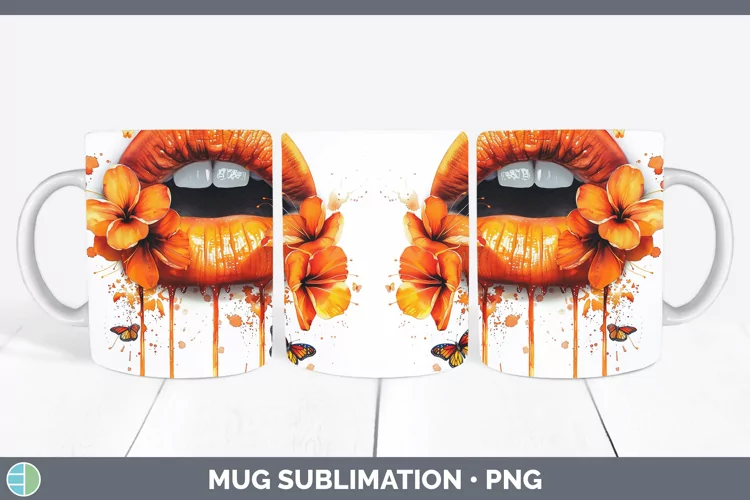 Watercolor Orange Lips Mug Wrap Sublimation Coffee Cup Desig