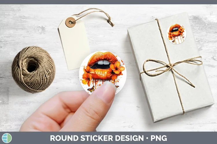 Watercolor Orange Lips Stickers | Round Labels Designs
