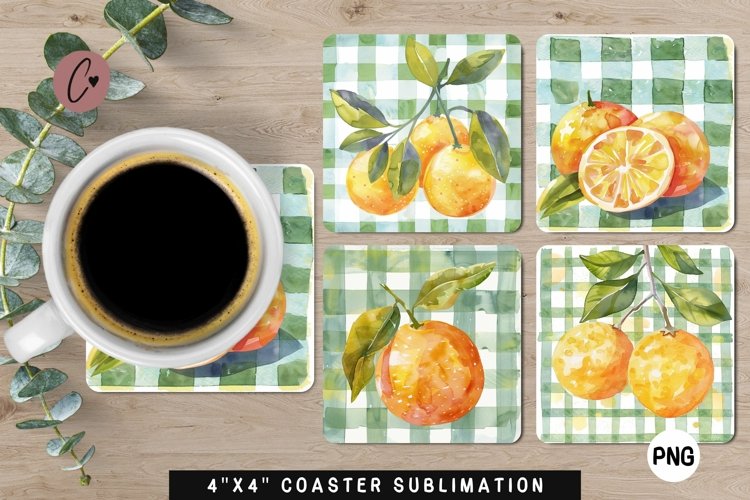 Orange Plaid Fruit Coaster | Summer Sublimation Coaster PNG