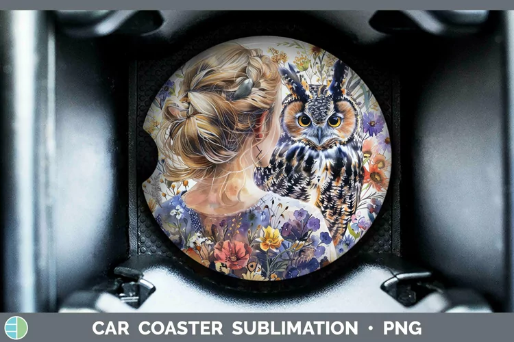 Watercolor Owl Blonde Female Car Coaster Sublimation Coaster
