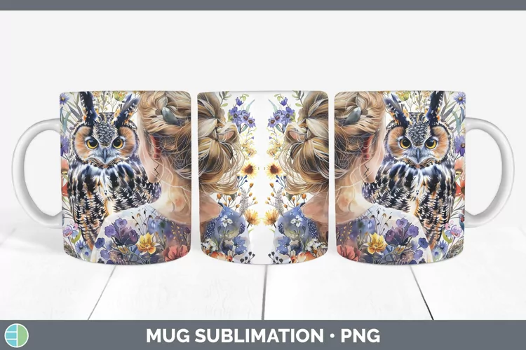 Watercolor Owl Blonde Female Mug Wrap Sublimation Coffee Cup