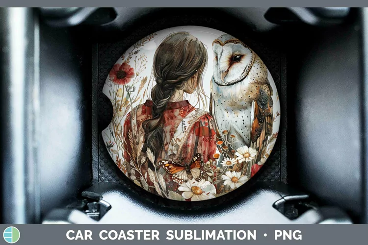 Watercolor Owl Brunette Female Car Coaster Sublimation Coast