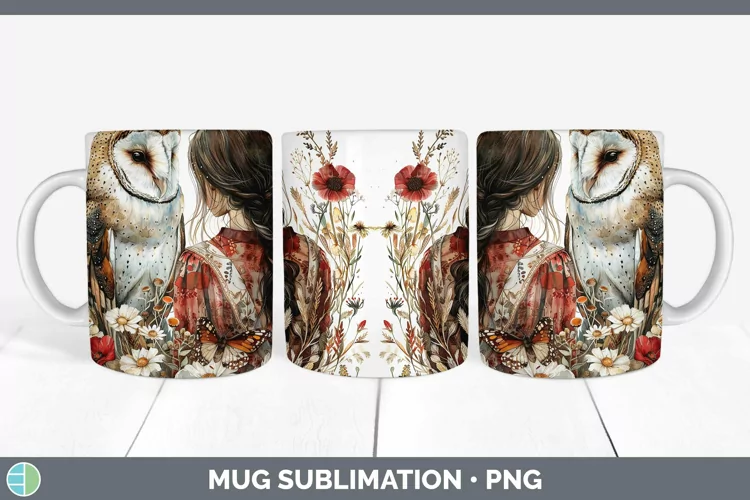 Watercolor Owl Brunette Female Mug Wrap Sublimation Coffee C