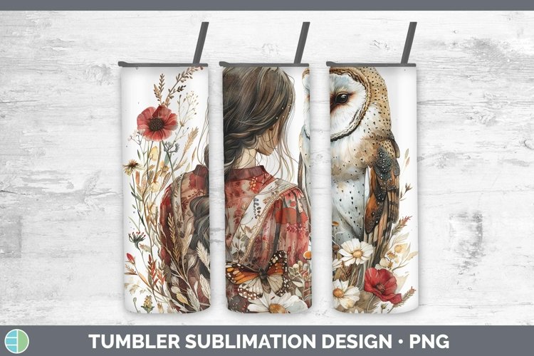 Watercolor Owl Brunette Female Tumbler Sublimation 20 oz Ski