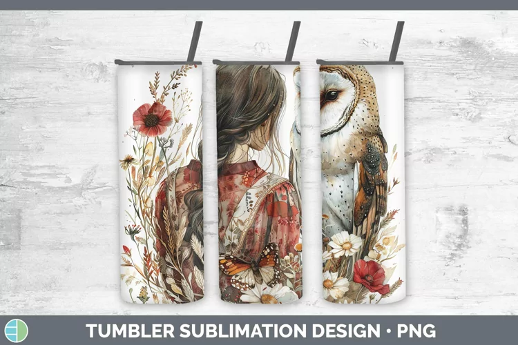 Watercolor Owl Brunette Female Tumbler Sublimation 20 oz Ski
