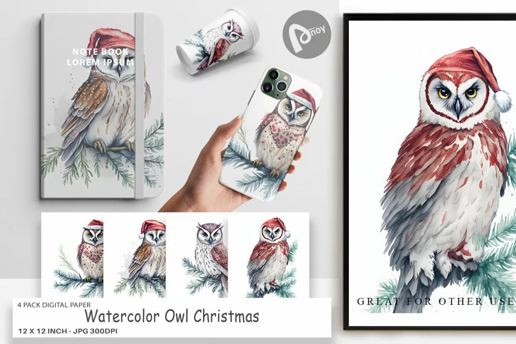 Digital Paper Watercolor Owl Christmas