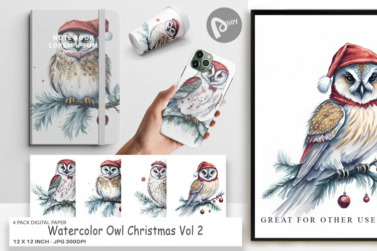 Digital Paper Watercolor Owl Christmas