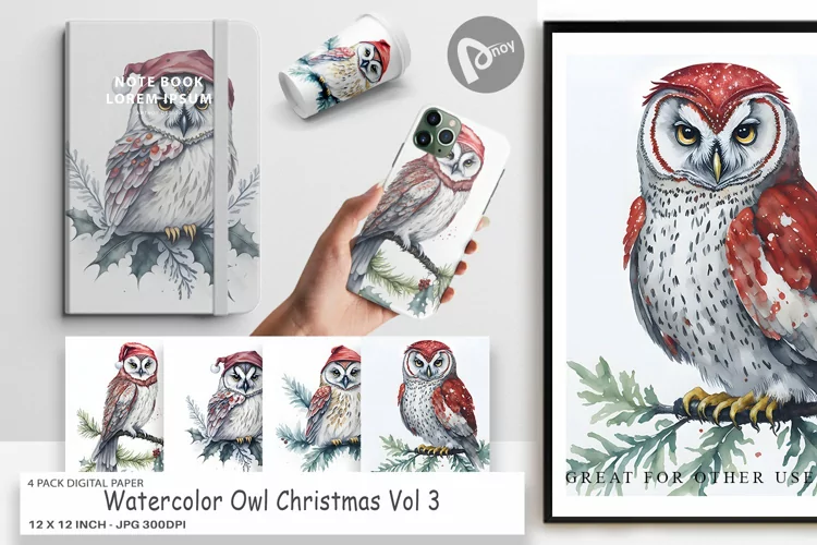 Digital Paper Watercolor Owl Christmas