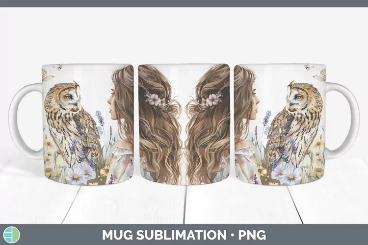 Watercolor Owl Female Mug Wrap Sublimation Coffee Cup Design