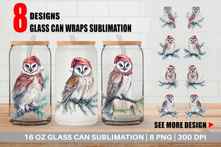 Watercolor Owl Christmas Glass Can Wraps