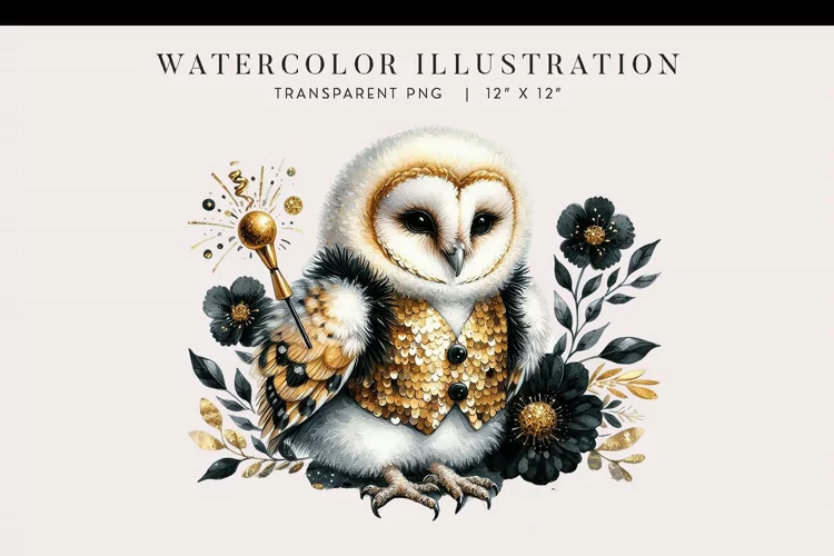 Watercolor Owl New Year’s Celebration Clipart PNG