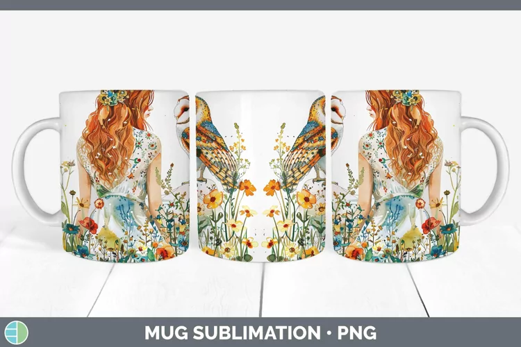 Watercolor Owl Red Head Female Mug Wrap Sublimation Coffee C