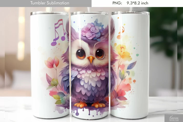 Cute Watercolor Owl Tumbler Design|Bird Sublimation