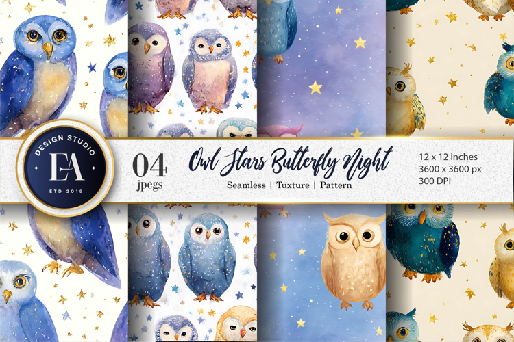 Watercolor Owls with Tiny Stars Dreamy Digital Paper