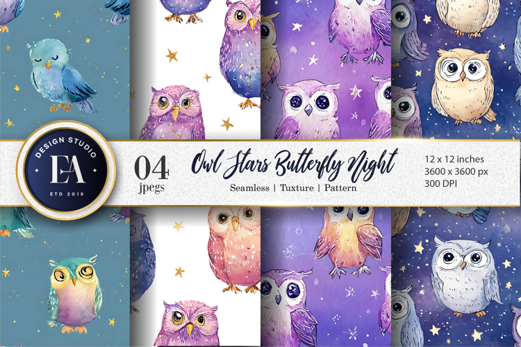 Tiny Stars Dreamy Owls Watercolor Seamless Digital Paper