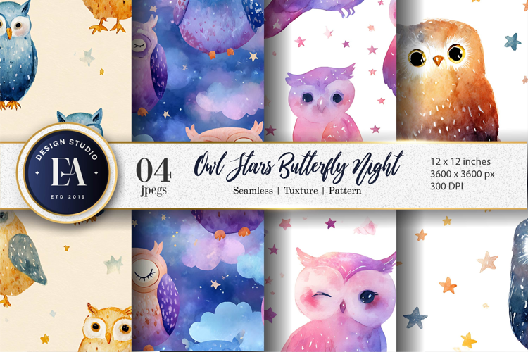Dreamy Watercolor Owls Tiny Stars Seamless Digital Paper