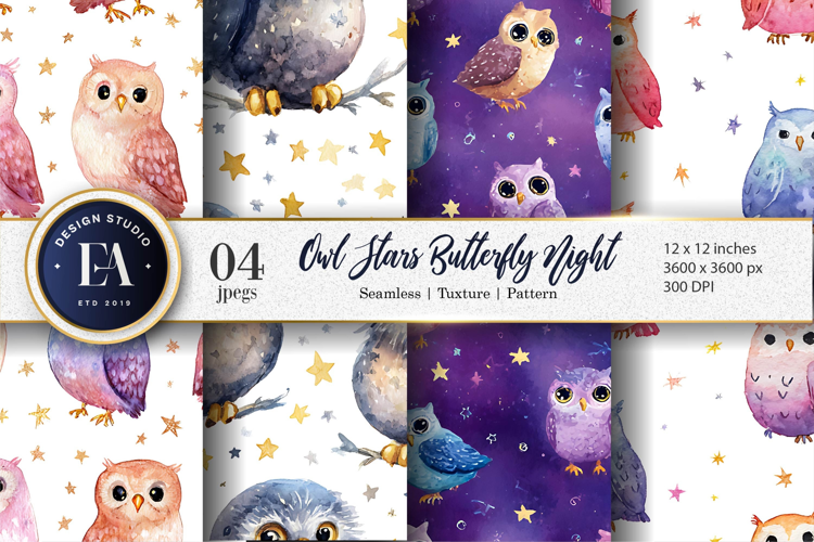 Dreamy Owls with Tiny Stars Watercolor Digital Paper