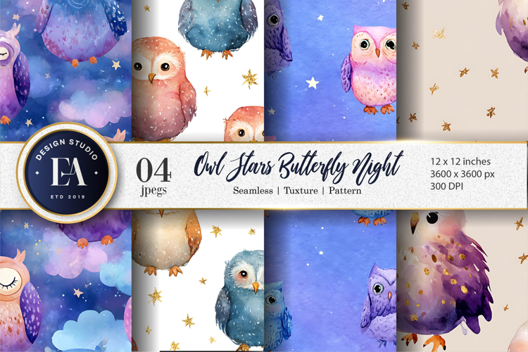 Butterfly Night Watercolor Owls Seamless Digital Paper
