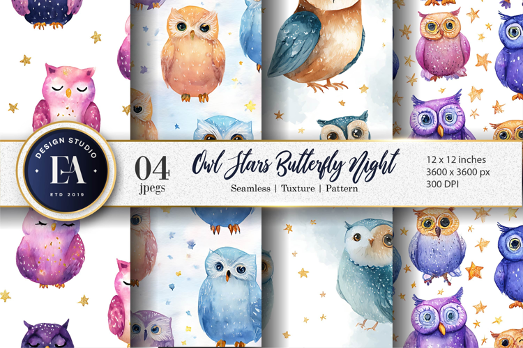 Seamless Watercolor Owls Tiny Stars Dreamy Digital Paper
