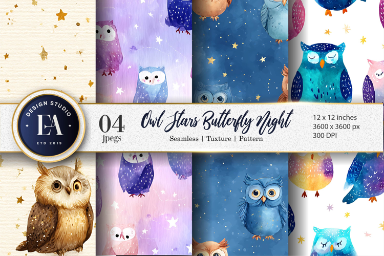 Seamless Watercolor Owls Tiny Stars Dreamy Digital Paper