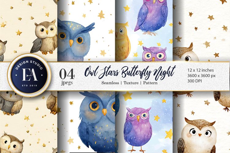 Watercolor Owls with Tiny Stars Dreamy Digital Paper