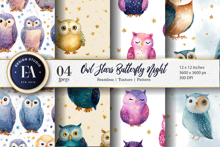 Owls with Stars Watercolor Dreamy Night Digital Paper