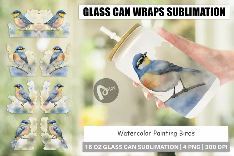 Glass Can Wraps Watercolor Painting Birds