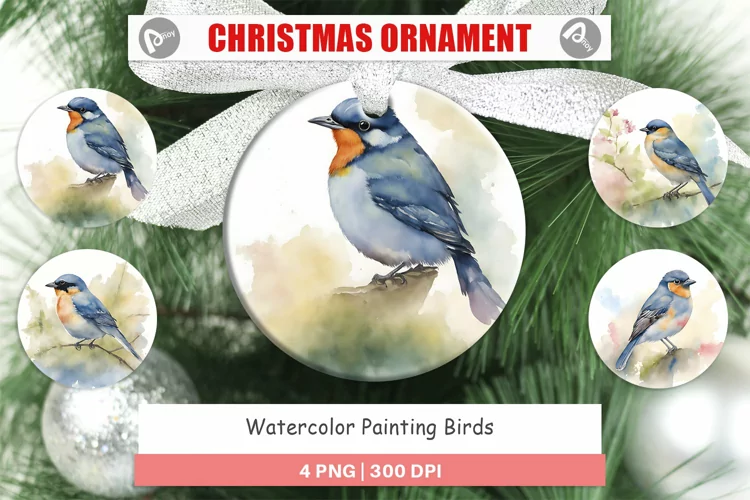 Christmas Ornaments Watercolor Painting Birds
