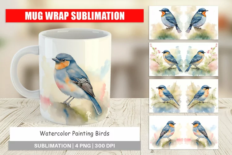 Mug sublimation design Watercolor Painting Birds