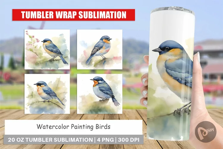 Tumbler Sublimation Wrap Watercolor Painting Birds