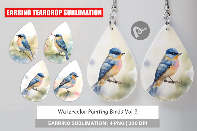 Earring teardrop sublimation design Watercolor Painting Bird