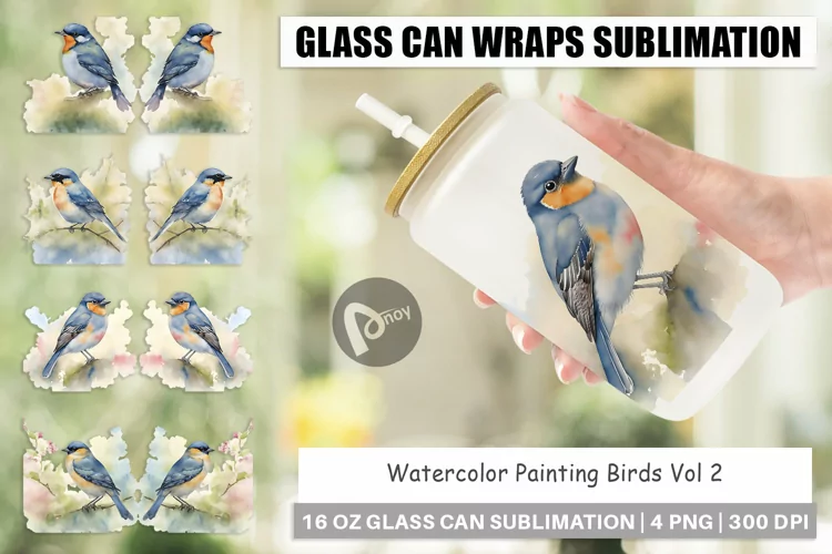 Glass Can Wraps Watercolor Painting Birds