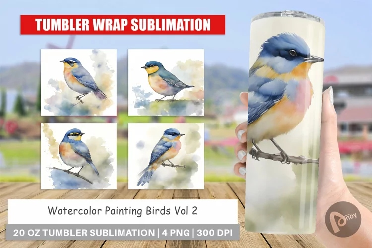 Tumbler Sublimation Wrap Watercolor Painting Birds