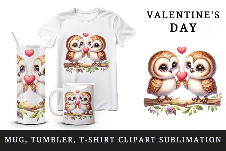 Watercolor pair of cute friendly owls holding heart Love Valentine Day print 20oz tumbler skinny mug wrap clipart t-shirt sublimation printable design