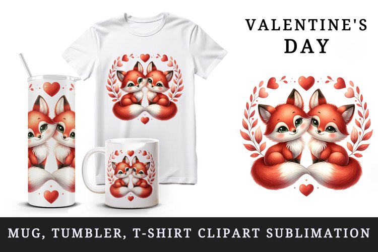Watercolor pair of cute friendly red foxes hearts Love Valentine Day print 20 oz tumbler skinny mug wrap clipart t-shirt sublimation printable design