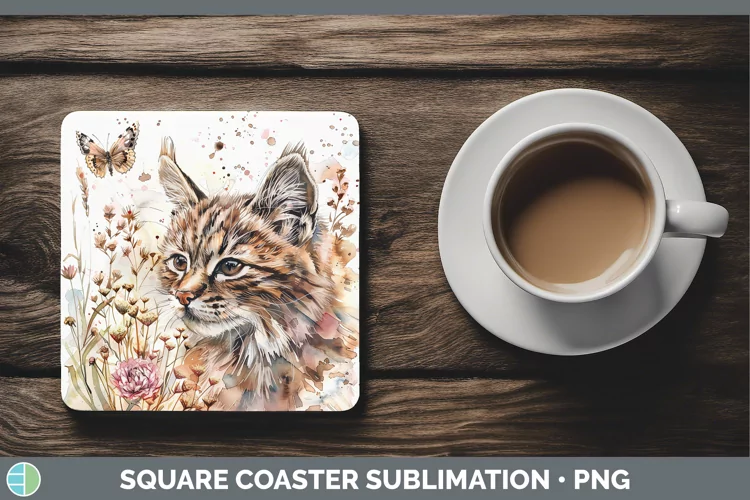 Watercolor Pampas Cat Square Coaster Sublimation Coaster Des