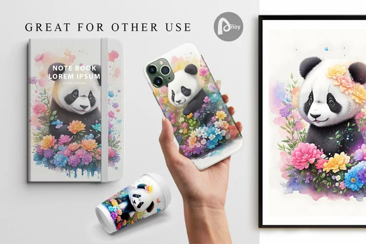 Watercolor Panda and Flower | Digital Paper
