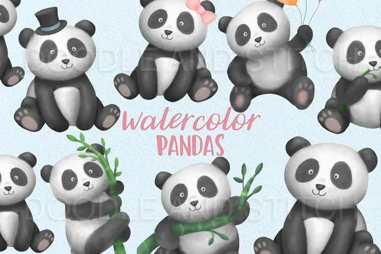 Cute Pandas Watercolor Clipart