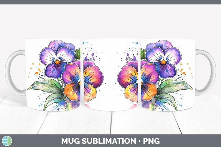 Watercolor Pansy Mug Wrap Sublimation Coffee Cup Designs
