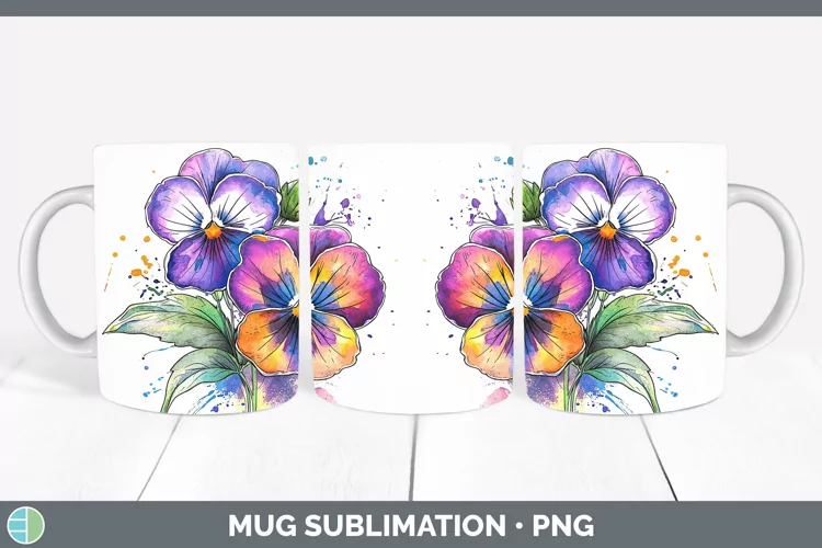 Watercolor Pansy Mug Wrap Sublimation Coffee Cup Designs