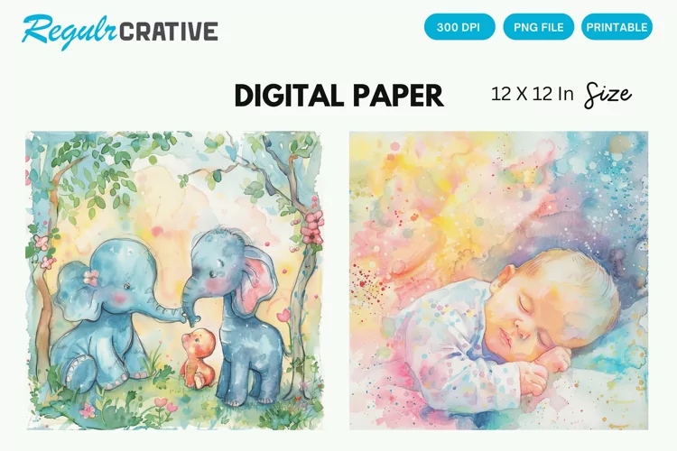Watercolor Pastel Baby Scenes Digital Paper, Baby Scenes PNG