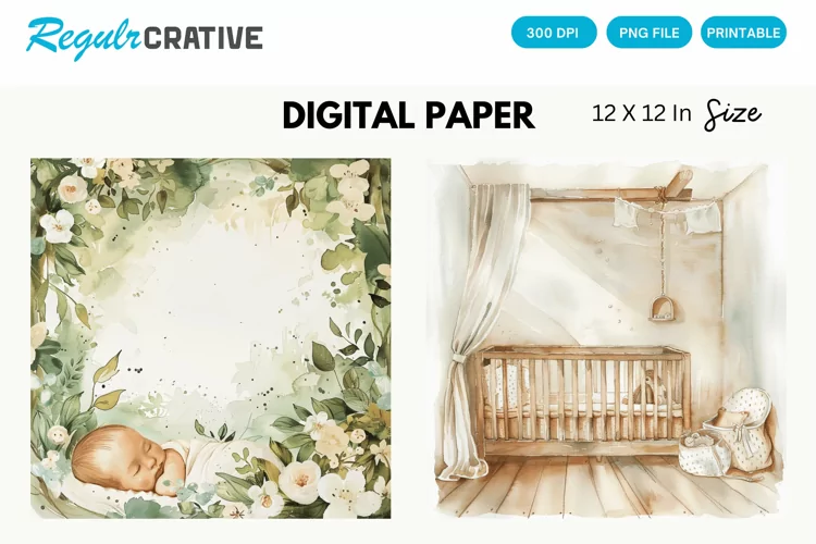 Watercolor Pastel Baby Scenes Digital Paper, Baby Scenes PNG
